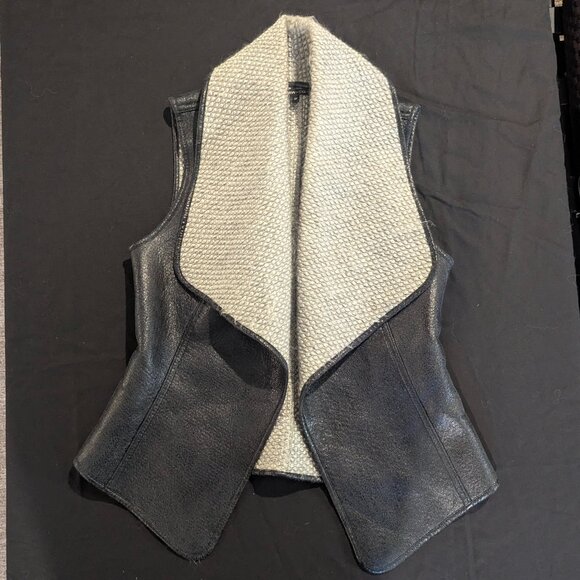 RW&CO Black Faux Leather Vest  Grey Wool Knit Collar S/P - Picture 10 of 14